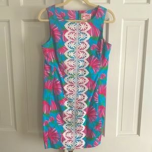 Lilly Pulitzer Shift Dress - Pink, Blue & Green with White Crochet detail - Sz 4